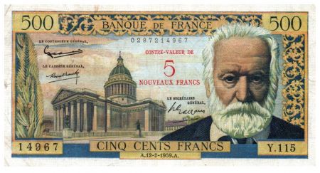 France 5 NF sur 500 Francs Victor Hugo - 12-02-1959 - Série Y.115 - TB+
