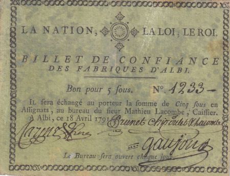 France 5 Sous - Billet de confiance - 1791 - Fabriques d\'Albi n°1233