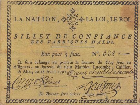 France 5 Sous - Billet de confiance - 1791 - Fabriques d\'Albi n°338