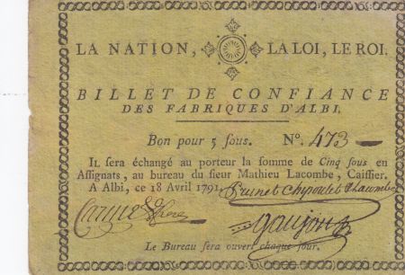 France 5 Sous - Billet de confiance - 1791 - Fabriques d\'Albi n°473