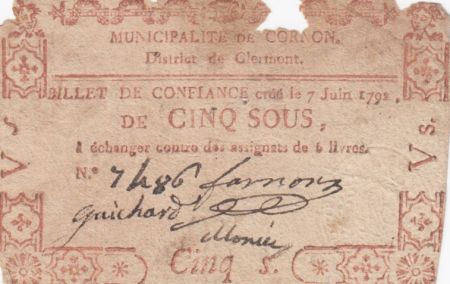 France 5 Sous Billet de Confiance Cornon Puy de Dôme - 07-06-1791