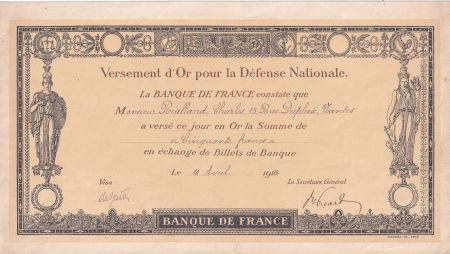 France 50  Francs - Reçu de versement d\'or pour la Défense Nationale - 10-04-1916 - SUP+