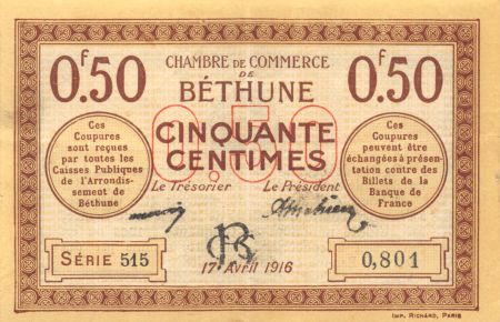 France 50 Centimes - Chambre de Commerce de Béthune 1916 - SUP
