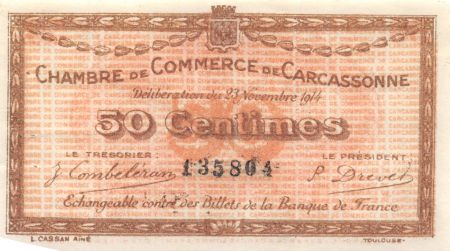 France 50 Centimes - Chambre de Commerce de Carcassonne 1914 - SUP