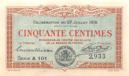 France 50 Centimes - Chambre de Commerce de Chambéry 1916 - SUP