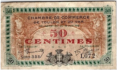 France 50 Centimes - Chambre de Commerce de Toulon 1916 - TTB