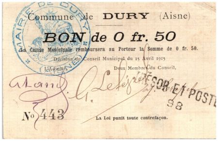 France 50 Centimes Dury Commune - 1915