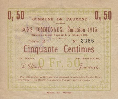 France 50 Centimes Faumont Commune - 1915