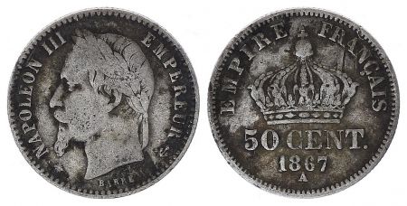 France 50 Centimes Francs Napoléon III - 1867  A Paris
