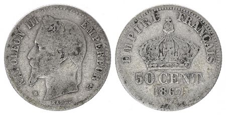 France 50 Centimes Francs Napoléon III - 1867 Petit BB Strasbourg