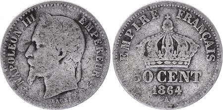 France 50 Centimes Francs Napoléon III  1864 Petit A Paris
