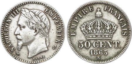 France 50 Centimes Francs Napoléon III 1865  K Bordeaux - Argent