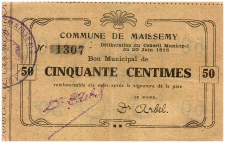 France 50 Centimes Maissemy Commune - N1307 - 1915