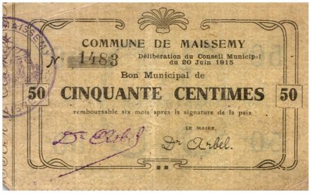 France 50 Centimes Maissemy Commune - N1483 - 1915