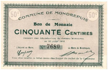 France 50 Centimes Mondrepuis Commune - 23/08/1915