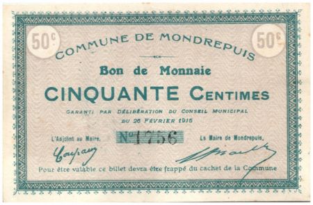 France 50 Centimes Mondrepuis Commune - 26/02/1915