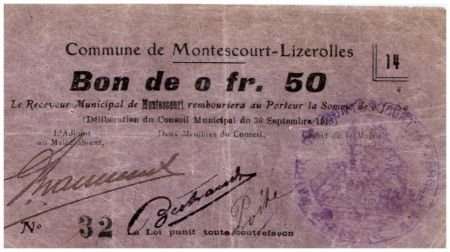 France 50 Centimes Montescourt-Lizerolles Commune - 30/09/1915