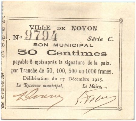 France 50 Centimes Noyon Ville - 1915