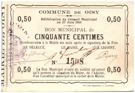 France 50 Centimes Oisy Bon Municipal - N1508 - 1915