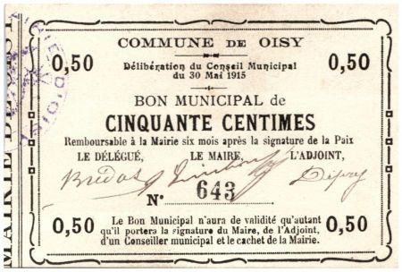 France 50 Centimes Oisy Bon Municipal - N643 - 1915