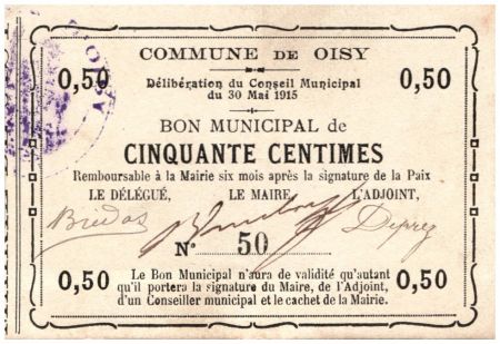 France 50 Centimes Oisy Commune - N50 - 1915