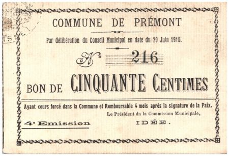 France 50 Centimes Premont Commune - 4ème émission N216 - 1915