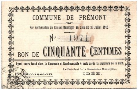France 50 Centimes Premont Commune - 5ème émission N1971 - 1915