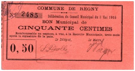France 50 Centimes Regny Bon Municipal - N2485 - 1915