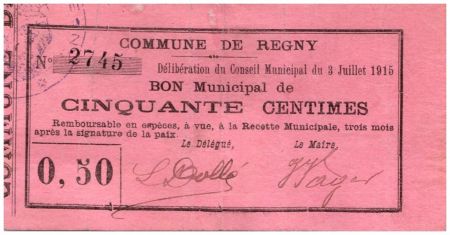 France 50 Centimes Regny Bon Municipal - N2745 - 1915