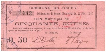 France 50 Centimes Regny Commune - N1443 - 1915