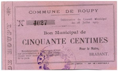 France 50 Centimes Roupy Commune - 1915