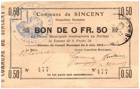 France 50 Centimes Sinceny Commune - 1915
