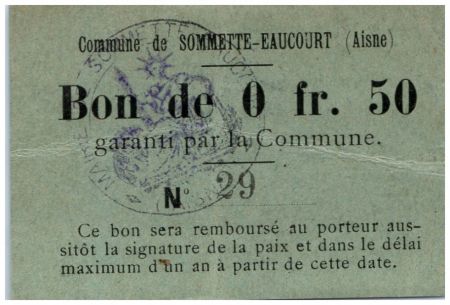France 50 Centimes Sommette-Eaucourt Commune - 1915