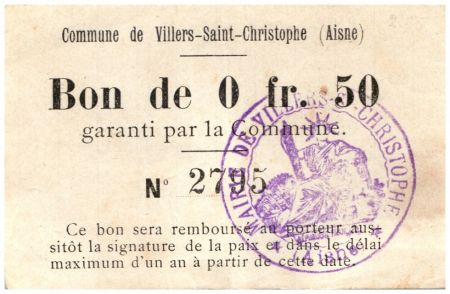 France 50 Centimes Villers-Saint-Christophe Commune - 1915