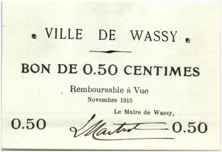 France 50 Centimes Wassy Ville - 1915