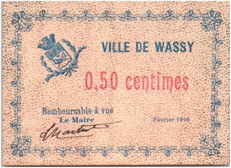 France 50 Centimes Wassy Ville - 1916