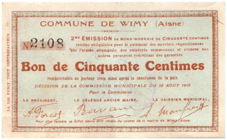 France 50 Centimes Wimy Commune - 1915