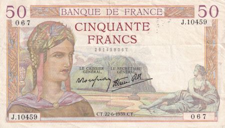 France 50 Francs - Cérès - 22-06-1939 - Série J.10459- F.18.27