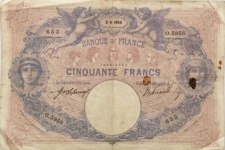 France 50 Francs Bleu et Rose - 02-04-1915 Série O.5958 - TB