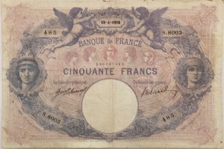 France 50 Francs Bleu et Rose - 19-04-1918 Série S.8003 - TB