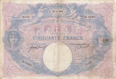 France 50 Francs Bleu et Rose - 22-04-1912 Série Q.4295 - p.TB