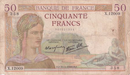 France 50 Francs Cérès -  11-01-1940 - Série X.12009 - F.18-37