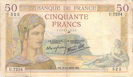 France 50 Francs Cérès - 02-12-1937 - Série U.7234 - TB