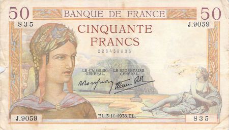 France 50 Francs Cérès - 03-11-1938 - Série J.9059 - TB