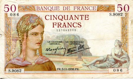 France 50 Francs Cérès - 03-11-1938 Série S.9082-086 - PTTB