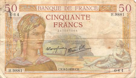 France 50 Francs Cérès - 09-03-1939 Série H.9881 - TB