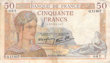 France 50 Francs Cérès - 09-11-1939 - Série Q.11407 - TB