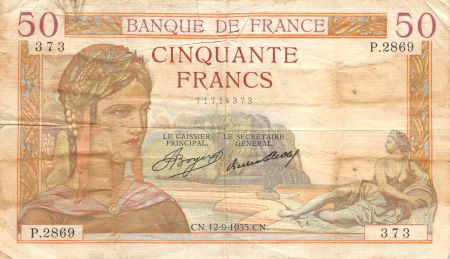 France 50 Francs Cérès - 12-09-1935 Série P.2869 - TB+