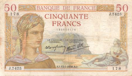 France 50 Francs Cérès - 13-01-1938 - Série J.7425 - TB