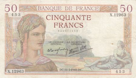 France 50 Francs Cérès - 14-03-1940 - Série  X.12963 - TTB